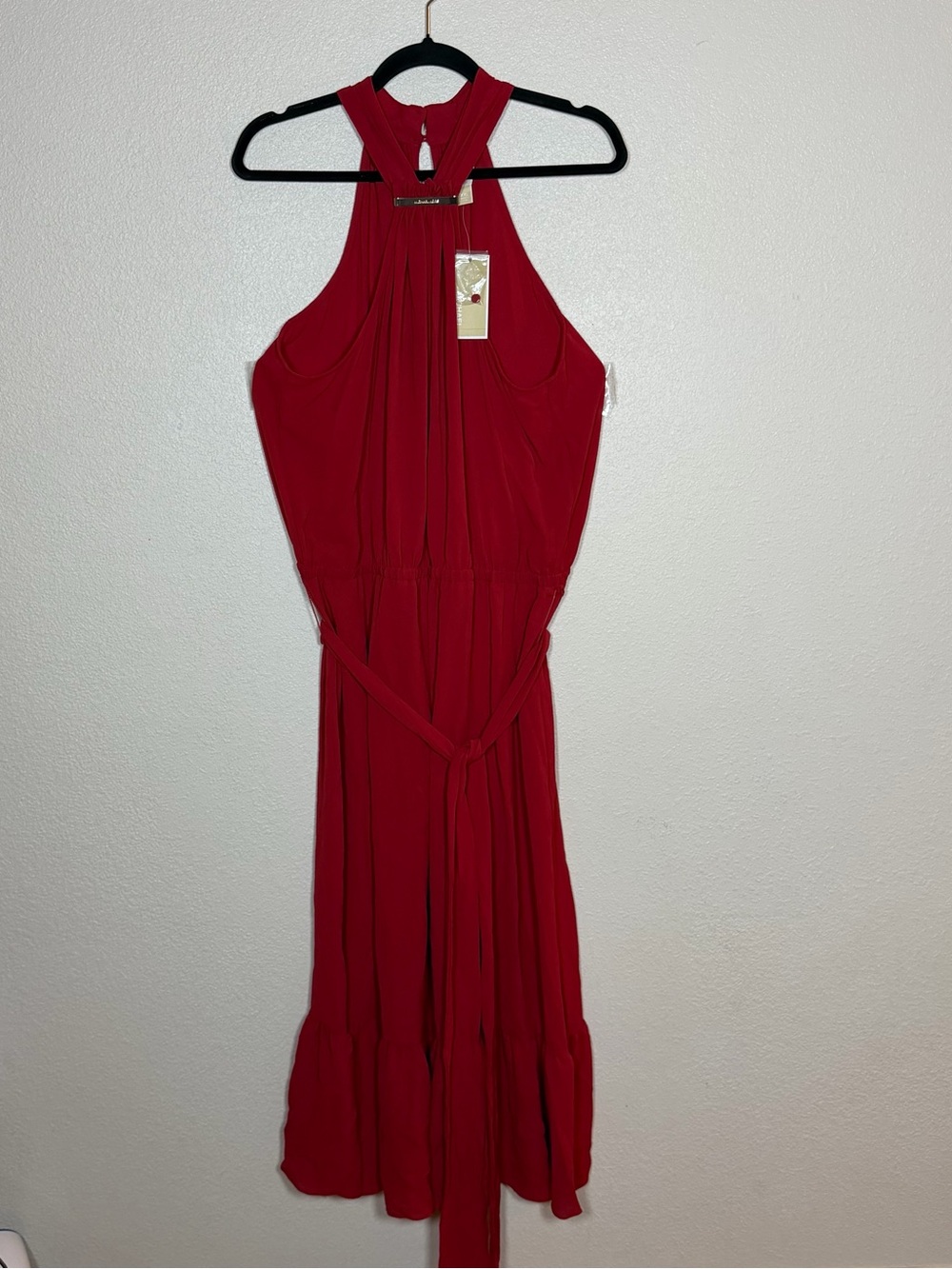 NWT Michael Kors XXL Red Halter Sleeveless Midi A-Line Dress Belted Romantic